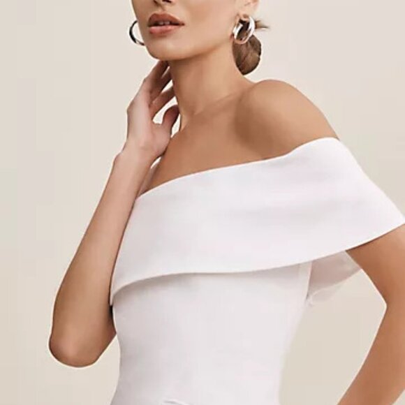 poses for off shoulder dress L'AGENCE Vivie Dress In Lipstick Red